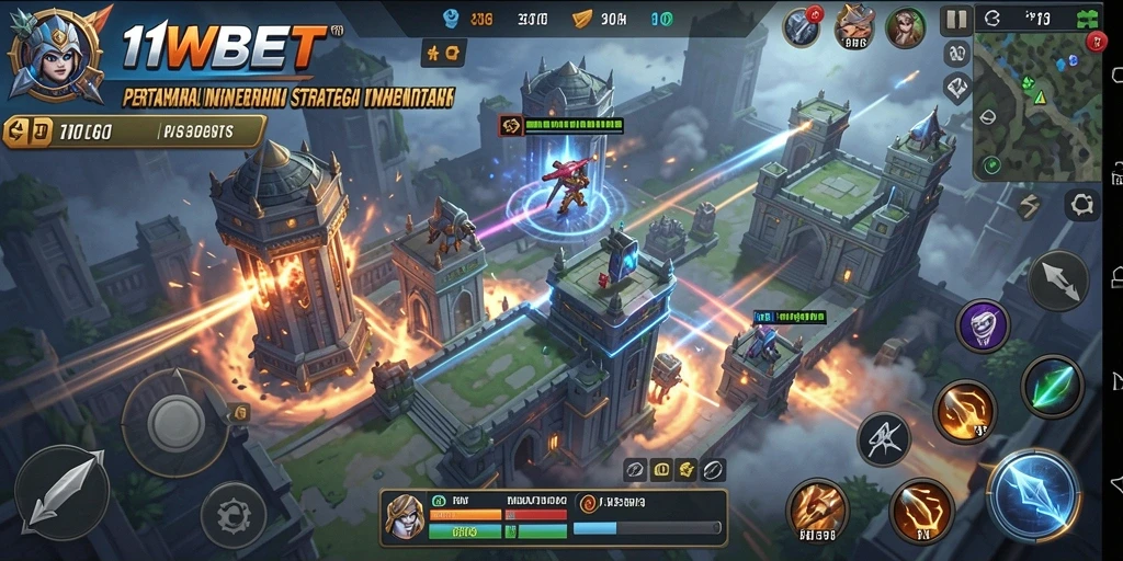 Screenshot menampilkan aksi menara dalam pertempuran Tower Defense.
