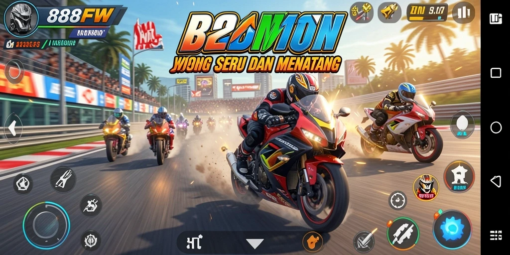 Screenshot utama 888FW menunjukkan balapan motor yang mendebarkan.
