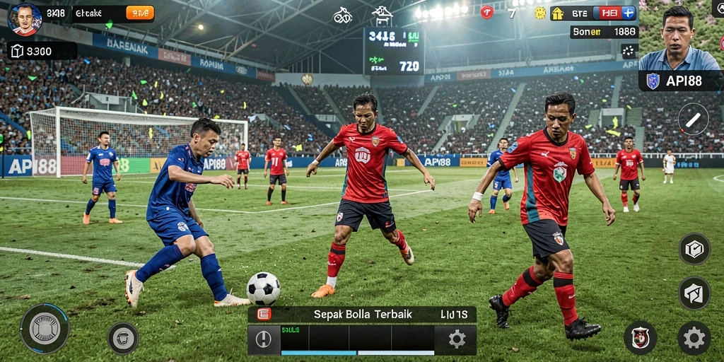Screenshot menunjukkan aksi permainan sepak bola yang mendebarkan.