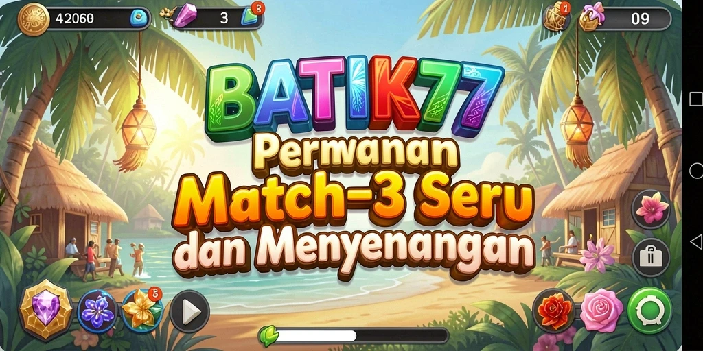 Tangkapan layar gameplay <strong>BATIK77</strong> yang menunjukkan papan permainan match-3 yang penuh warna.