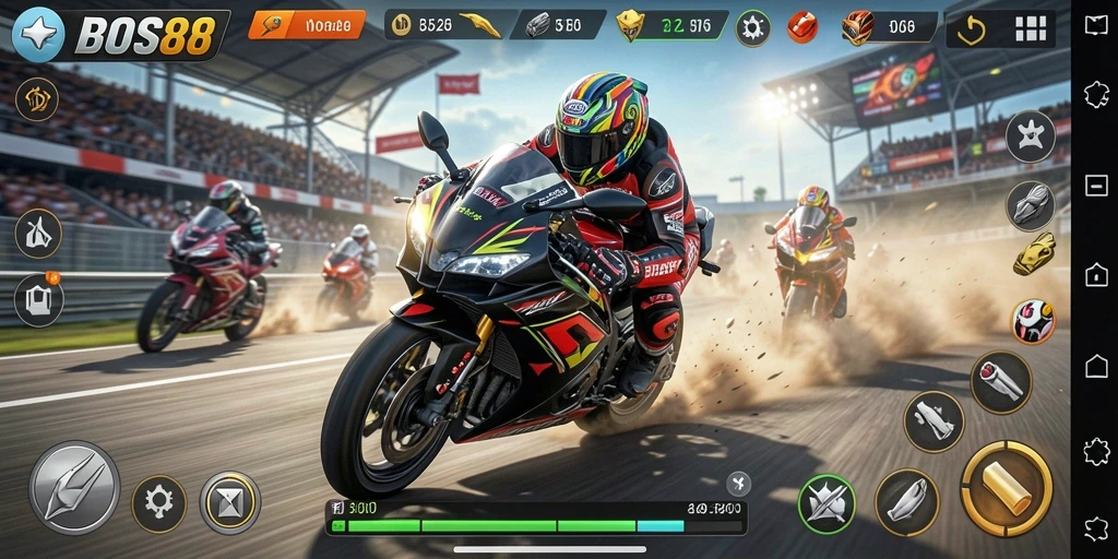 Screenshot utama BOS88 menampilkan aksi balapan motor yang mendebarkan.