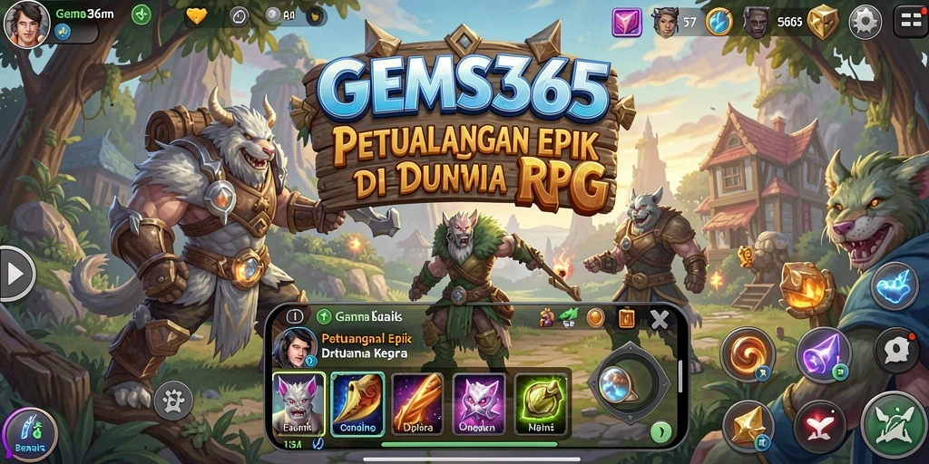 Screenshot utama GEMS365 menampilkan aksi seru dalam pertempuran RPG.