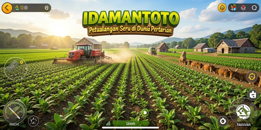 Screenshot gameplay <strong>IDAMANTOTO</strong> menampilkan pertanian yang subur dan hewan peliharaan yang lucu.