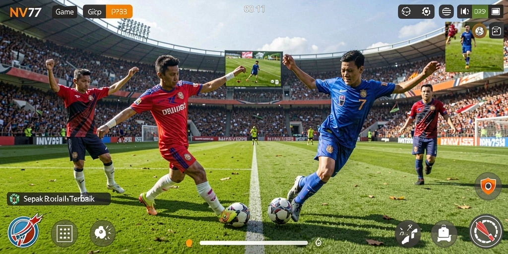 Tampilan gameplay menarik NV77 dengan aksi sepak bola yang seru.