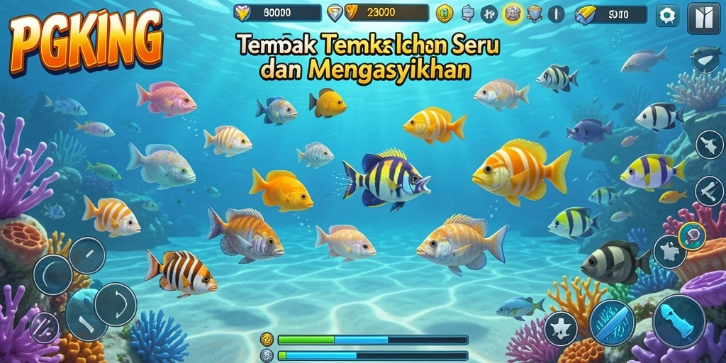 Screenshot PGKING yang menampilkan aksi seru dalam menembak ikan.