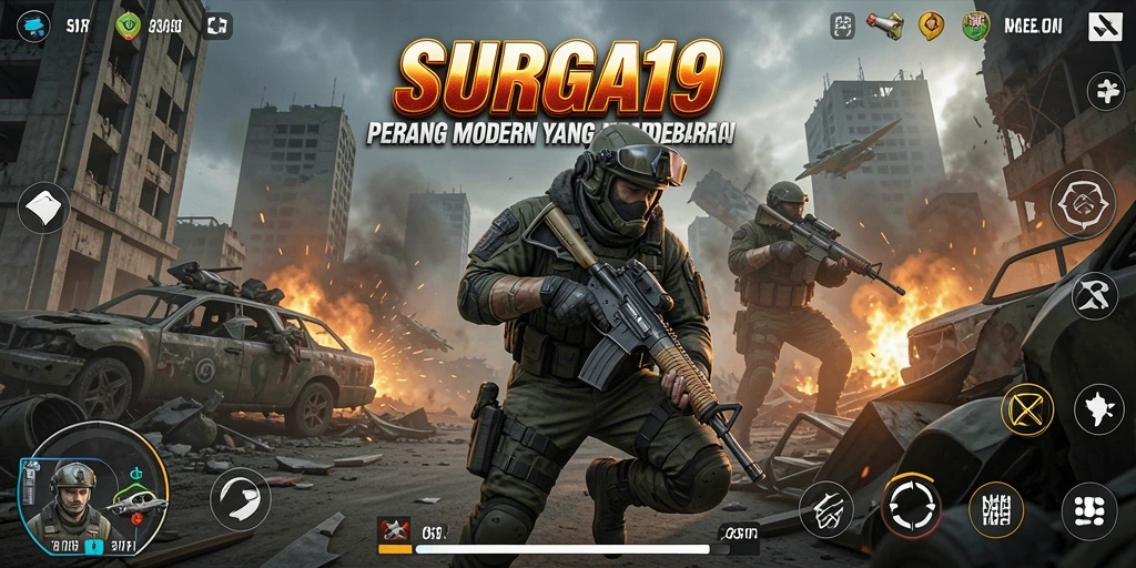 Screenshot utama SURGA19 menunjukkan aksi gameplay FPS yang mendebarkan.